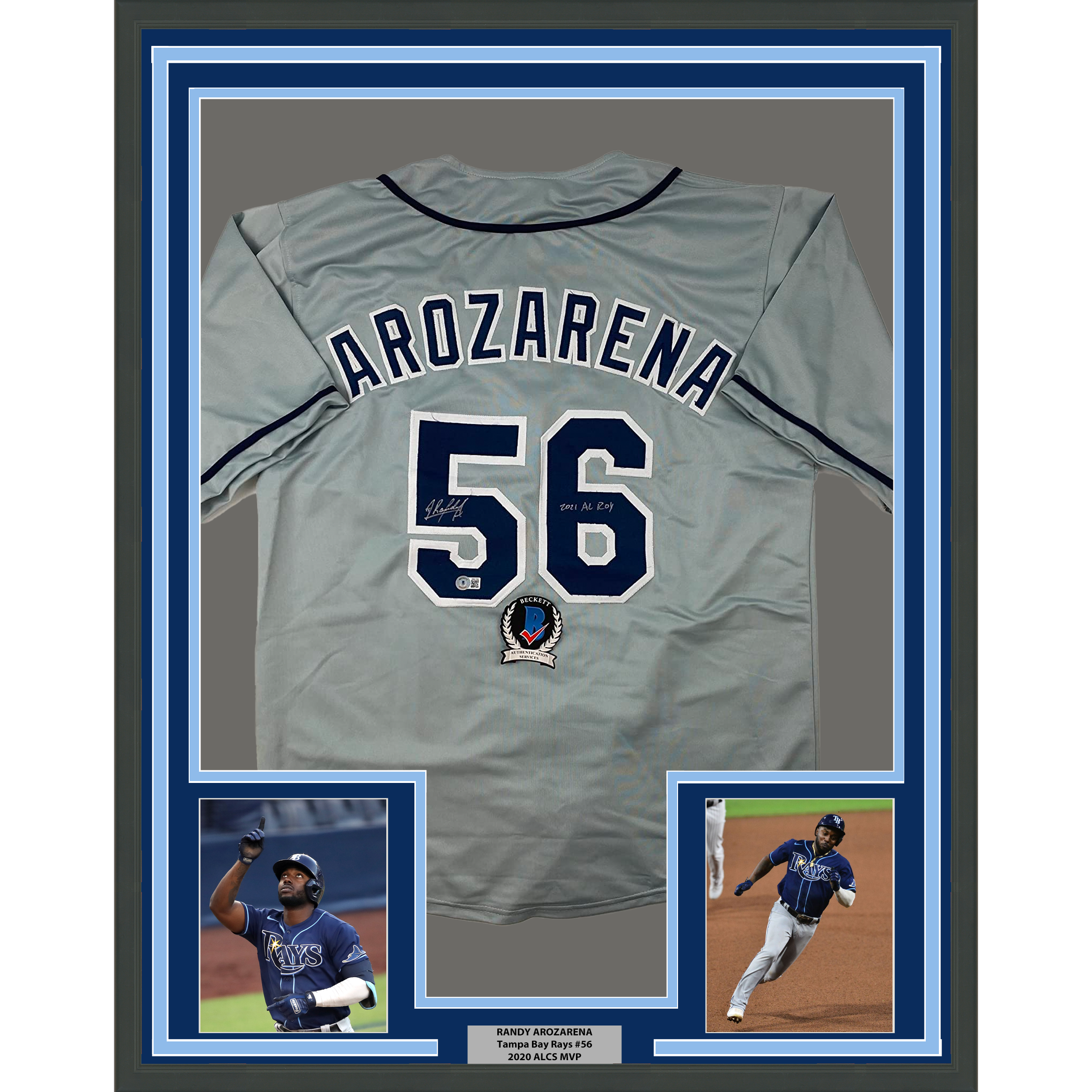 Framed Autographed/Signed Randy Arozarena 33x42 Tampa Bay Grey Baseball Jersey Beckett BAS COA