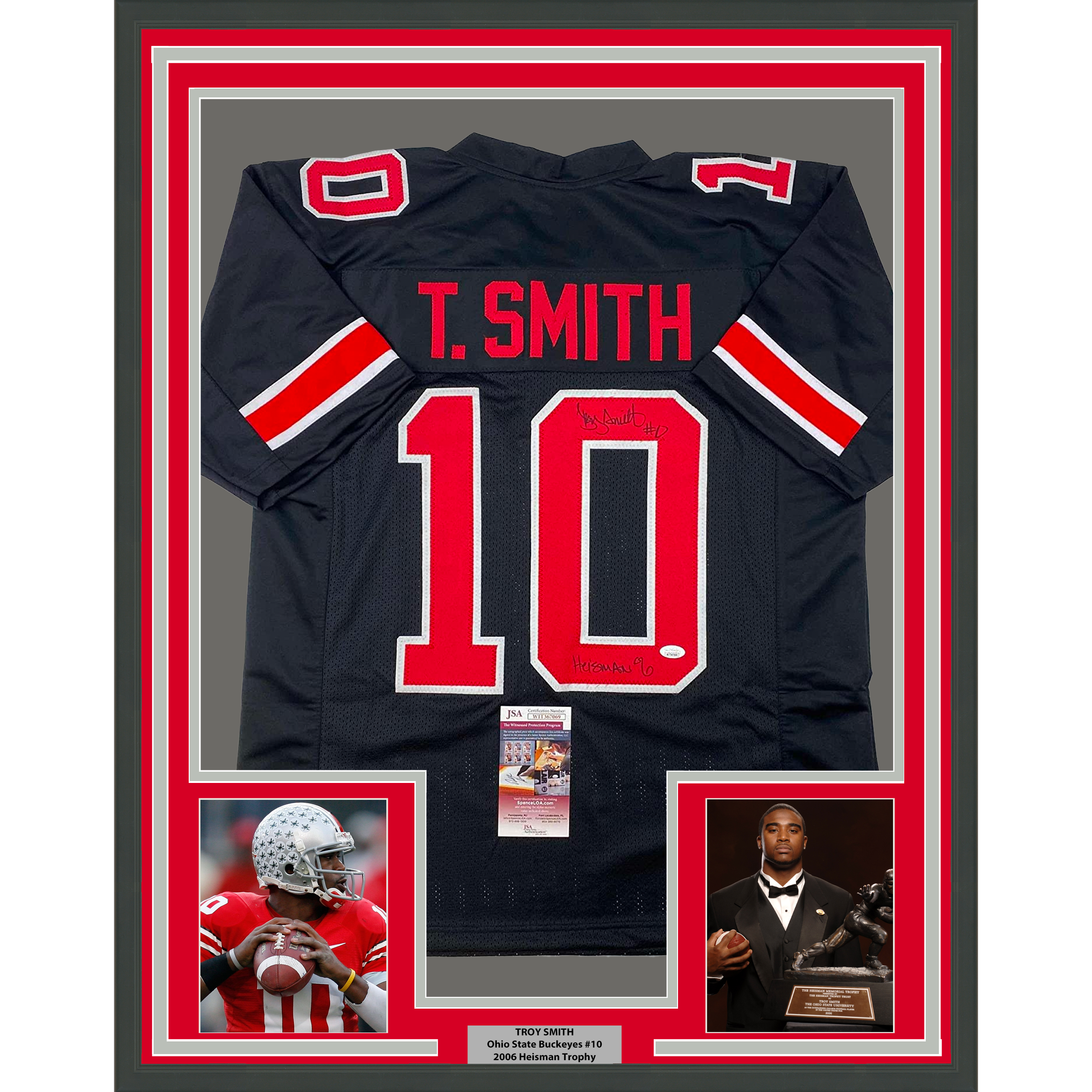 Framed Autographed/Signed Troy Smith Heisman 33x42 06 Ohio State Black College Football Jersey JSA C