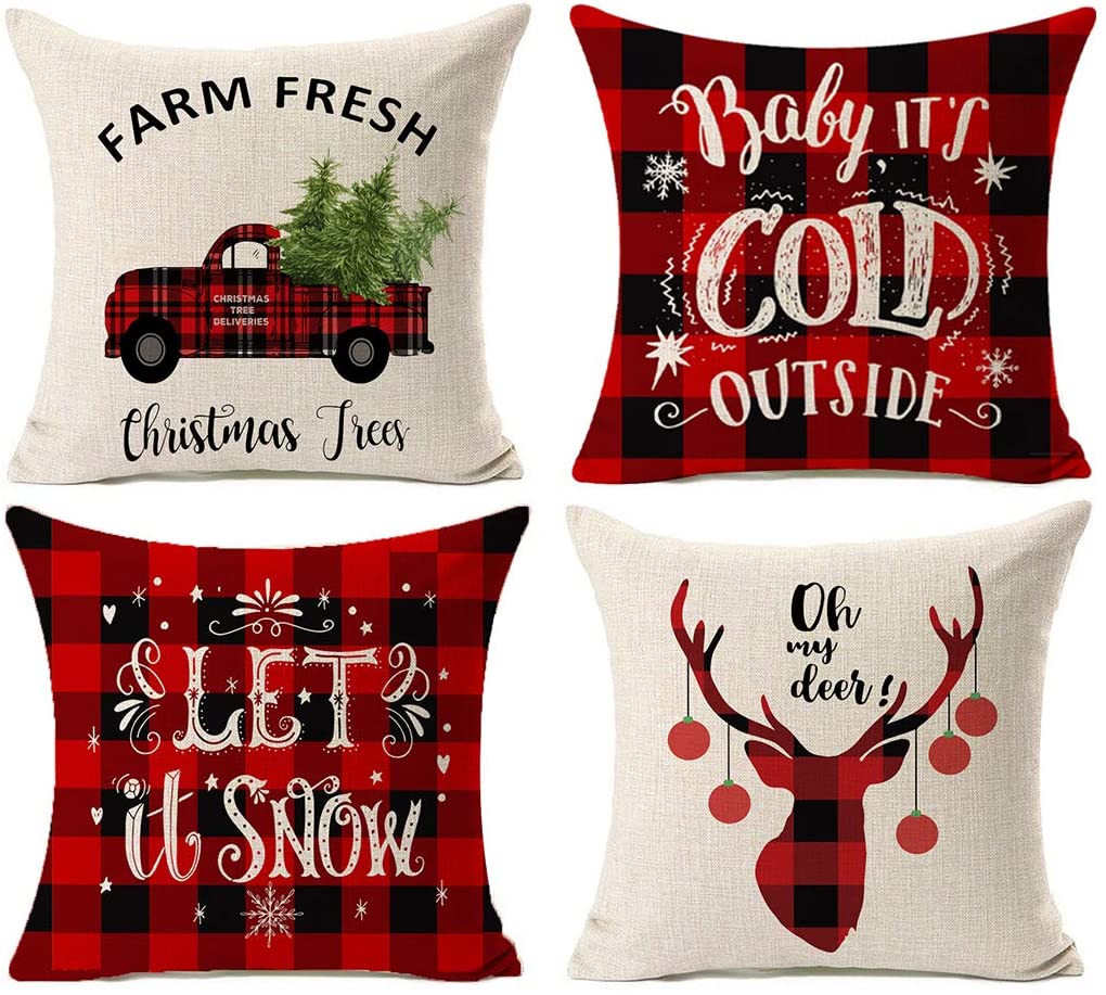 Fall Pillow Covers 18x18 Set of 4 for Fall Decor Buffalo Plaid Pumpkin and  Maple Leaves Outdoor Pillows Decorative Throw Pillows Farmhouse