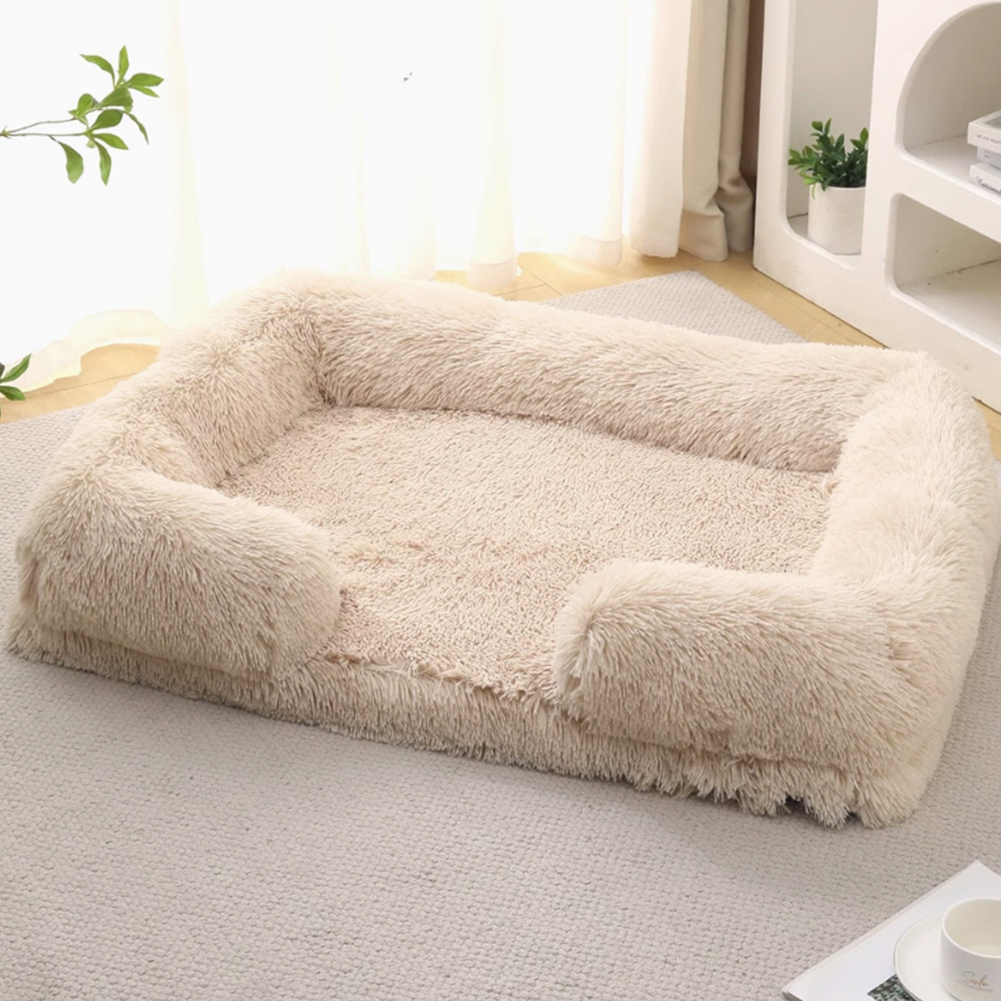 Long Plush - Square Surround Support Deep Sleep Dog Bed