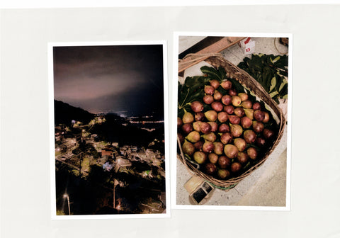 Two photographs side by side. One is a night time landscape from a hill and the other is a shot of a basket filled with figs