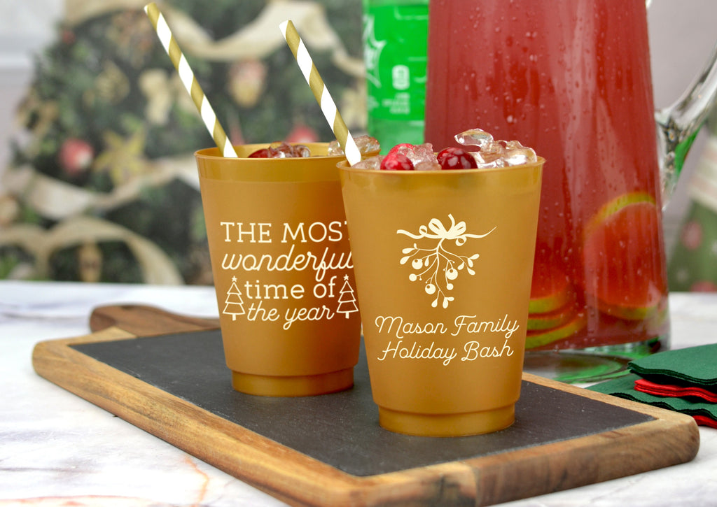 custom printed frosted cocktail cups filled with holiday party drinks