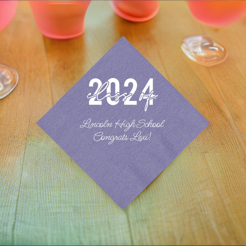 Graduation party beverage napkin personalized with Class of 2024 design and two lines of custom text in white print