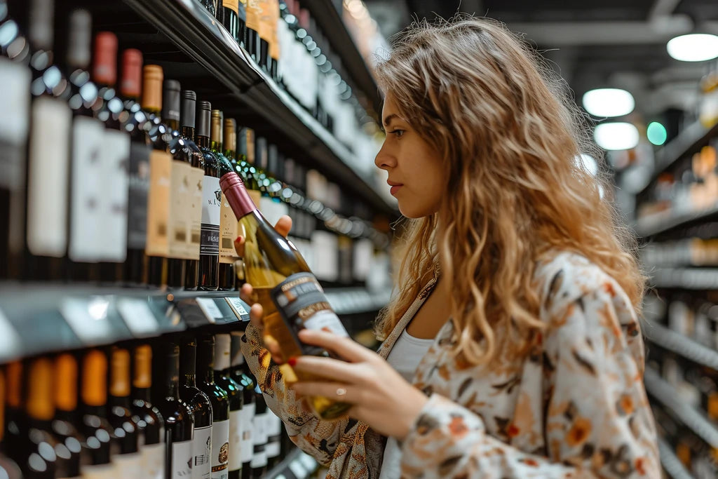 Bride inspecting a bottle of wine for wedding reception at liqour store