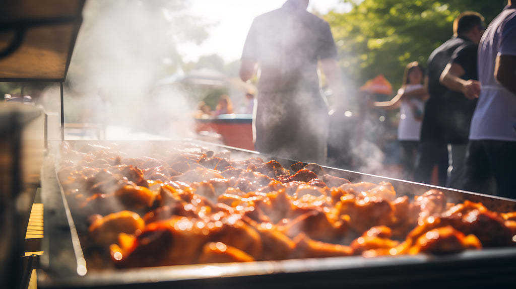 Chicken barbequed on open bbq pit for self catered wedding reception