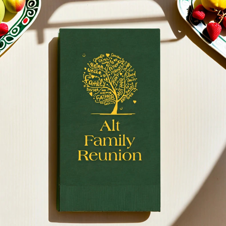 green paper guest towel napkins custom printed with family tree design