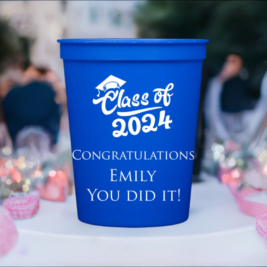 graduation party cup personalized with class of 2024 script design and 3 lines of custom text in white print