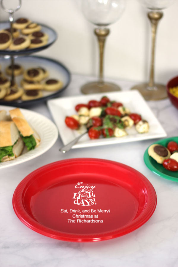 personalized plastic plate on christmas party appetizer table