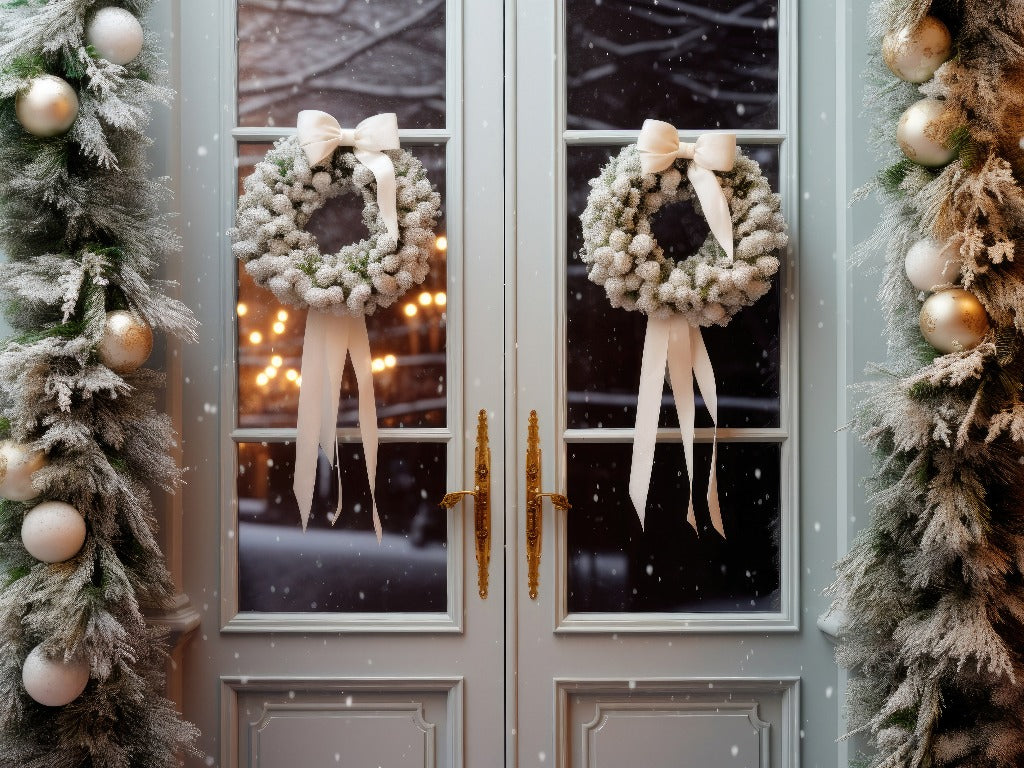 white christmas wreaths on french door with garland decorations