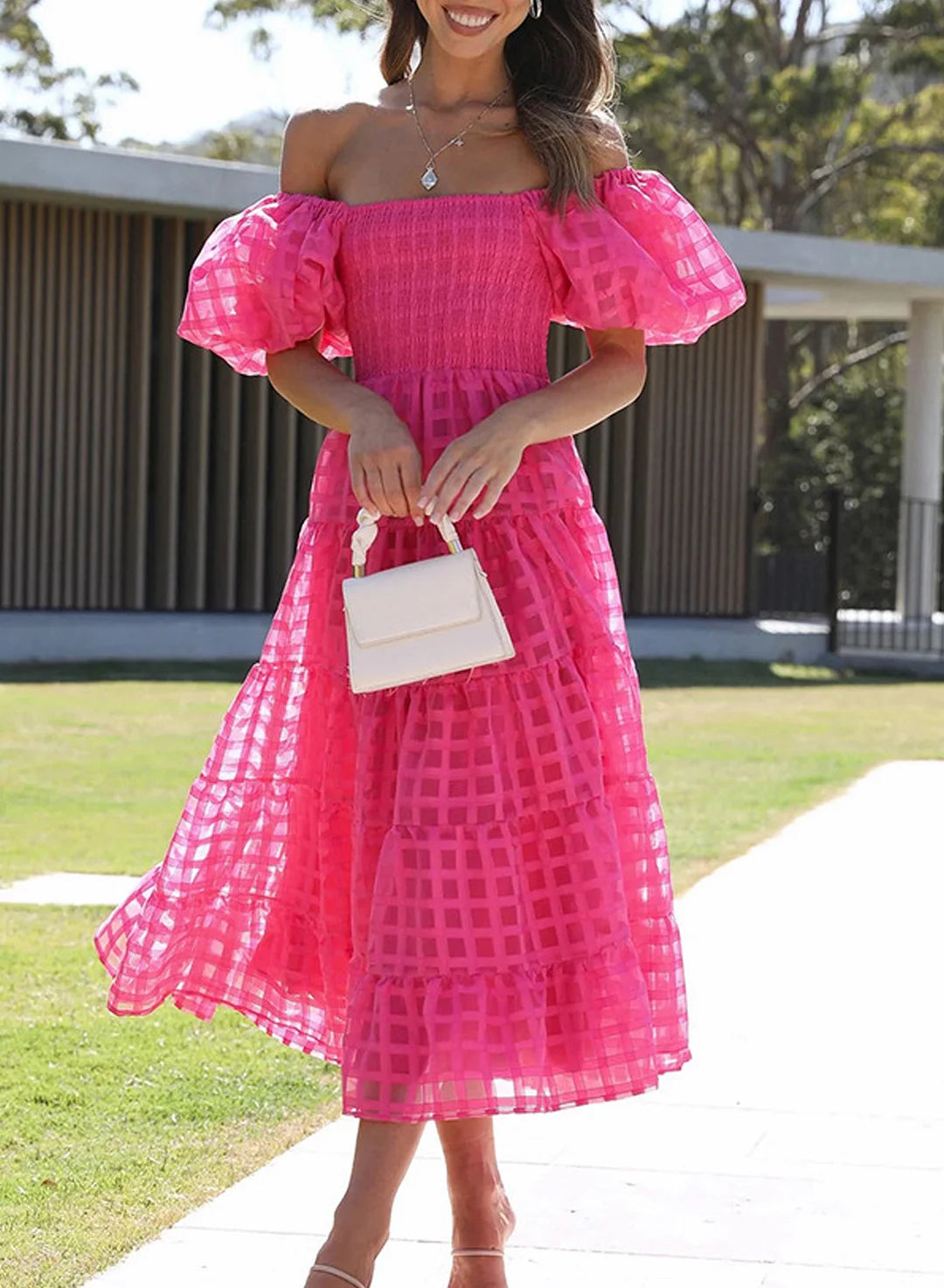 Women's Solid Short Lantern Sleeve Midi Dress