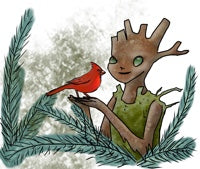 Forest spirit made of wood and sticks, wearing a moss dress, and holding a red cardinal. The Forest spirit stands among blue spruce branches.