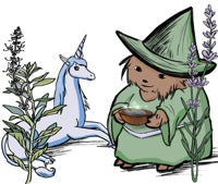 Hedgehog hedge witch wearing a green gown holds a bowl of sparkly green herbs. A unicorn rests nearby. Sage and lavender grow on the border.