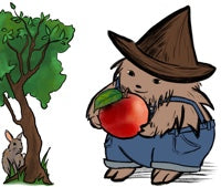 Hedgehog hedge witch wearing overalls, carrying a large apple. A bunny rests beneath a green leafed tree.