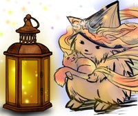 Hedgehog hedge witch wearing flowing orange clouds, holding a cosmic cat. A glowing firefly lantern illuminates the friends.