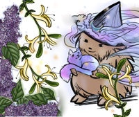 Hedgehog hedge witch wearing pink and blue wispy dream clouds and holding a cosmic colored cat. Glowing honeysuckle and lilacs grow nearby.