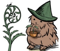 Earth mother hedgehog hedge witch holding a potted plant. A fern grows nearby with a cricket sitting on top.