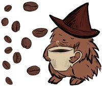 Hedge witch hedgehog with closed eyes, smelling a cup of coffee. Coffee beans float around the rest of the scene.