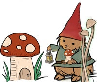 Gnome home hedgehog hedge witch wearing a pointy red hat and green tunic, holding a glowing lantern. It illuminates a fly algeric mushroom with a little door. Glowing mushrooms grow nearby.