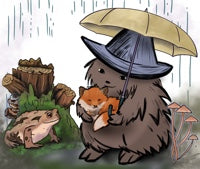 Mosswood hedgehog hedge witch in the rain with a yellow umbrella, holding a sleeping baby fox. A big toad sits in front of a mossy old log. Glowing mushrooms grow nearby.