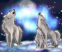 A spirit family of three wolves howling at the moon half hidden by aurora borealis, or the northern lights.