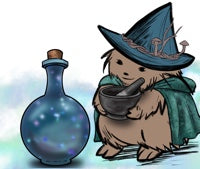 Morgana hedgehog hedge witch wearing a shimmery green cape, holding a stone mortar and pestle. A blue bottle with a cork holds firefly sparkles.
