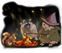 Hedge witch is toasting a marshmallow while a squirrel and raccoon listen to her stories