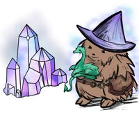 The hedge witch holding a dragon. A blue, pink, and purple crystal sparkles nearby.