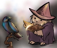 Hedge witch hedgehog holding a glowing spell book. A Raven is perched on an old branch.