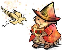 Hedgehog hedge witch wearing a red sparkly jacket is holding a glowing golden goblet filled with Starbrew. A sun bird shares a berry.