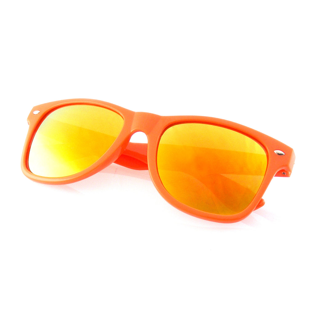 orange mirrored horned rim sunglasses
