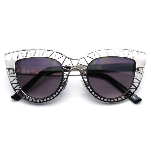 Trendy Women Metal Sunglasses | Silver Womens Indie Cat Eye Sunglasses Trendy Fashion Metal Cut Out Shop Emblem Eyewear!