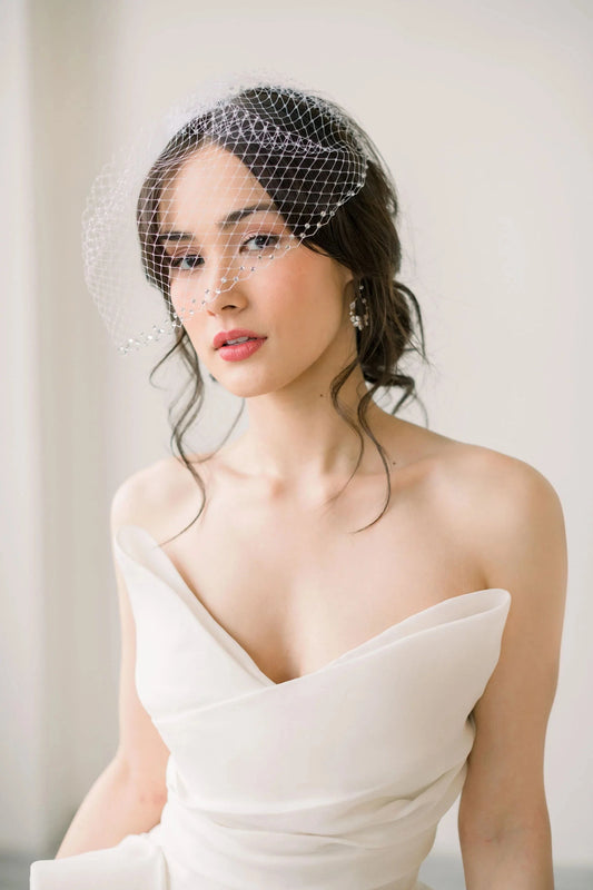 Tessa Kim Mini Birdcage Veil with Crystals - Ready to Ship Champagne / Rose Gold Comb / Mini