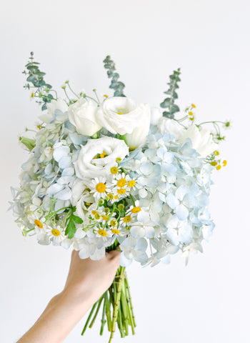 hand holding hydrangeas, daisies and eucalyptus