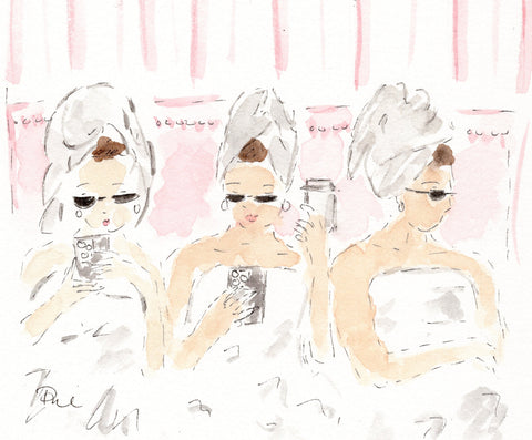 painting of three girls with towels on heads in pink room