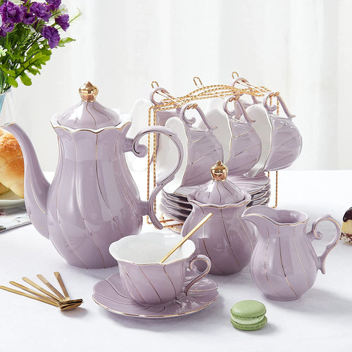 DUJUST 14 pcs Tea Set of 6 with Tea Tray & Spoons, Modern Diamond