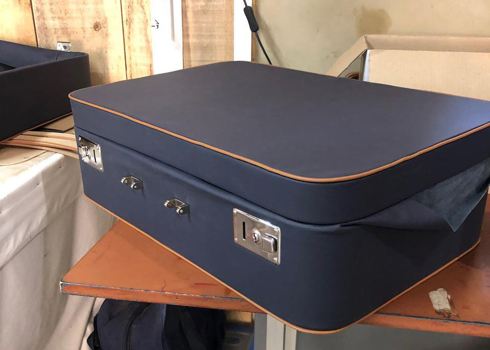 Hard sided custom suitcase part of five-piece bespoke luggage set for David Gandy's 1964 Porsche 356 C