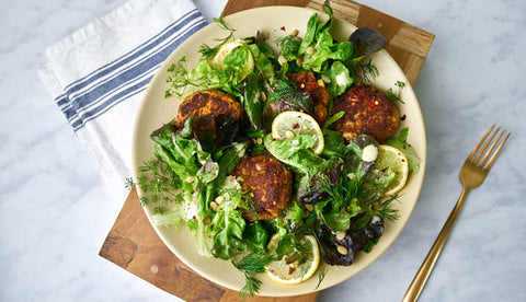 blackened salmon cakes with greens recipe photo