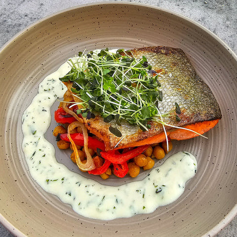Salmon with chickpeas and herb sauce