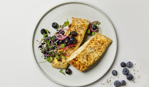 seared Alaska Halibut with pickled blueberries recipe