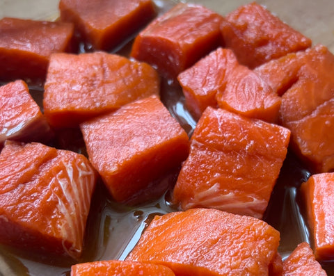 honey soy marinated glazed salmon cubes skewers recipe photo