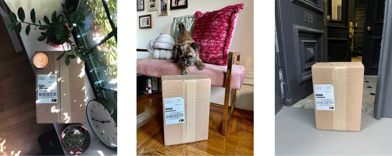 3 images in a row showing a plain classic brown cardboard shipping box and simple white label to show real life examples of Unbounds discreet packaging