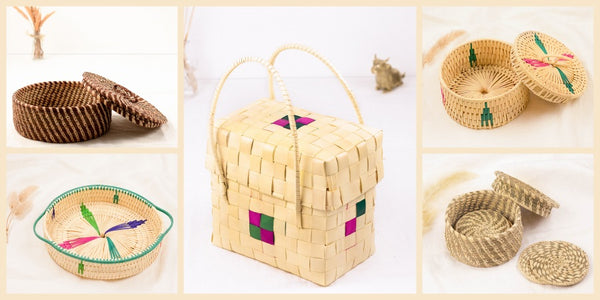 Collage of light colored sabai grass products