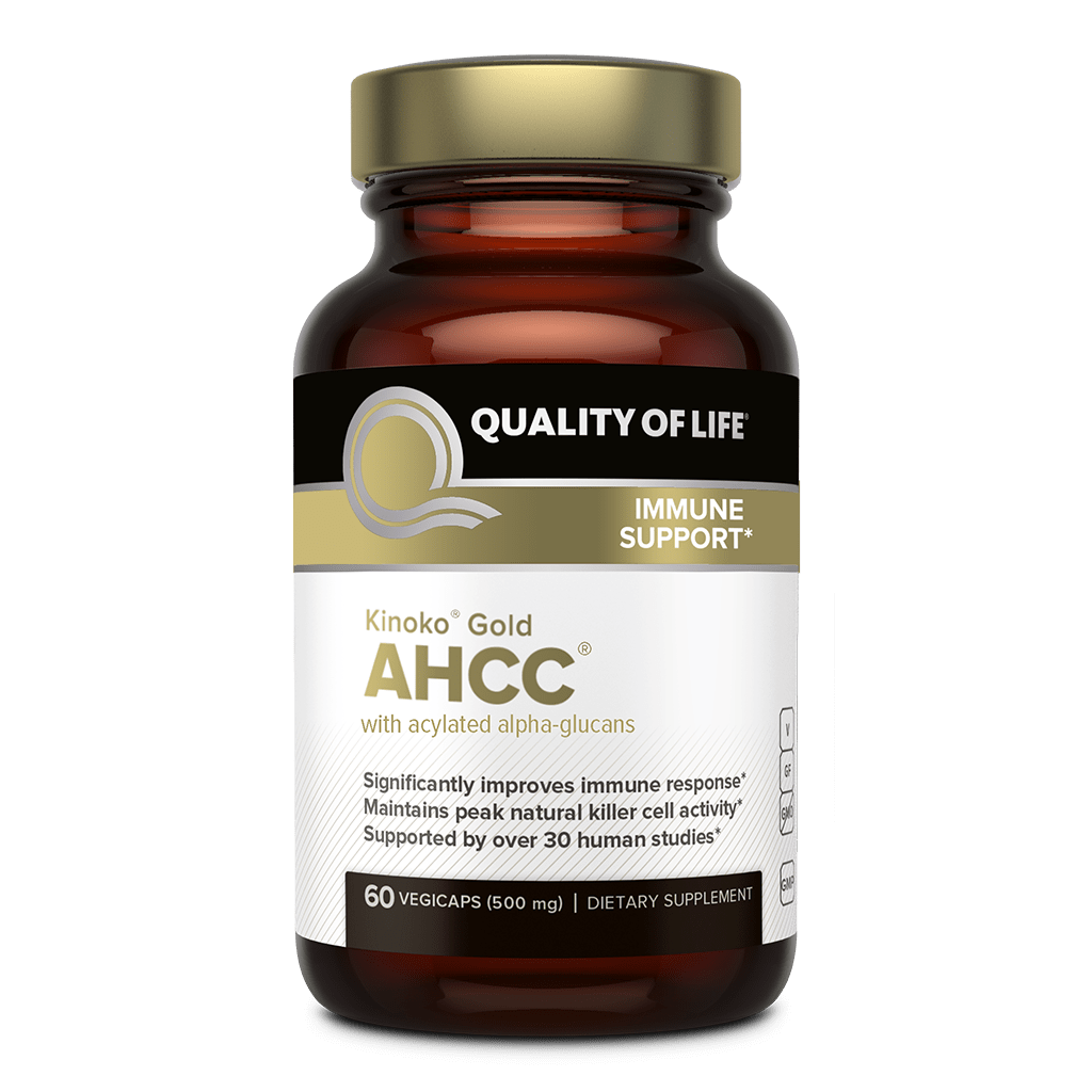 IMMUNE IV ol Kinoko Gold AHCC with acylated alpha-glucans Y Significantly improves immune response . Maintains peak natural Killer cell activity Supported by over 30 human studies 60 VEGICAPS 500 mg DIETARY SUPPLEMENT 