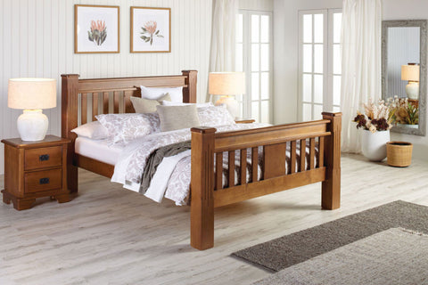 Maison NZ made wooden bed and bedside in traditional bedroom