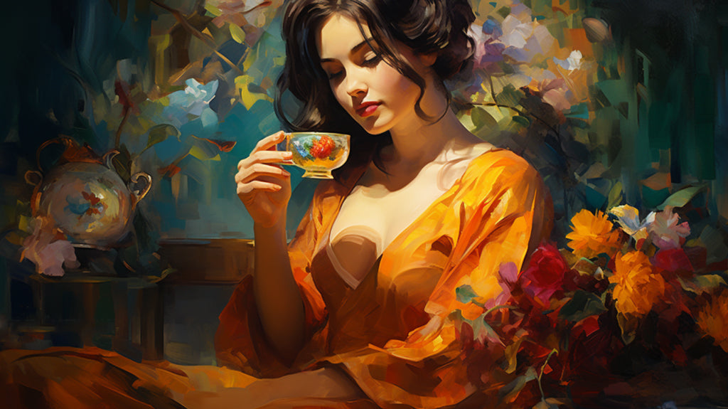 peinture femme buvant du thé