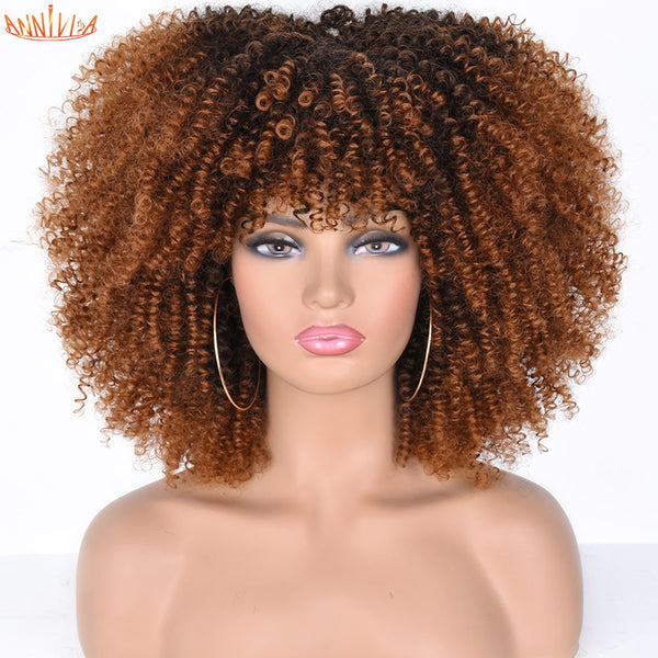 Short Afro Kinky Curly Wigs With Bangs For Black Women Blonde Mixed Brown Synthetic Cosplay African Wigs Heat Resistant Annivia