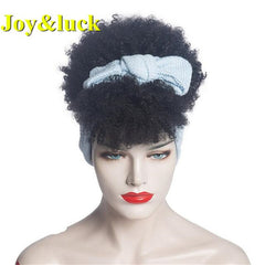 Joy&luck Short Turban Wig Headband and Wig Linked Together Wigs Synthetic Afro Kinky Culry Wig for African Women