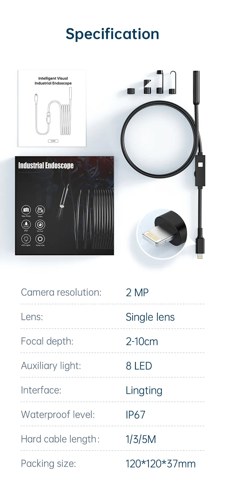 3-In-1 8mm Endoscope Camera For IOS Android Direct Connect IP67 Waterproof Hard Wire Pipeline Inspection Borescope With 8 Adjustable LED Light