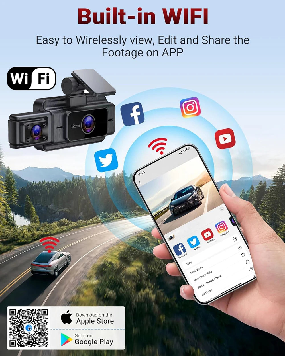 Wifi 3 Lens HD 1080P Car Camera HD 1080p Dashcam DVR Recorder Dash Cam 3 Channel Dash Cam Cabin Len