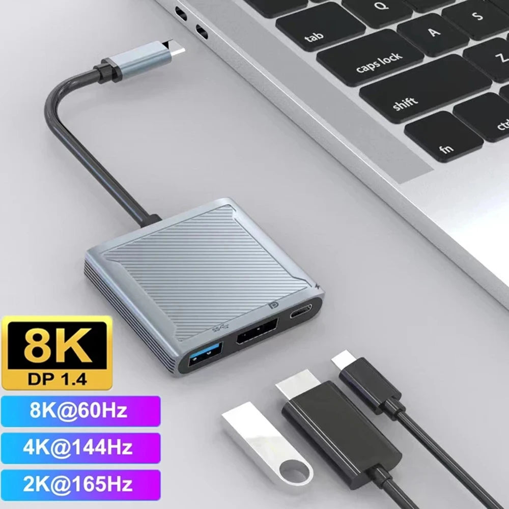 3 in 1 DP Hub 8K@60Hz 4K@144Hz USB Type C to Display Port Docking Station With USB&PD Port 100W Converter for Mackbook Pro Dell